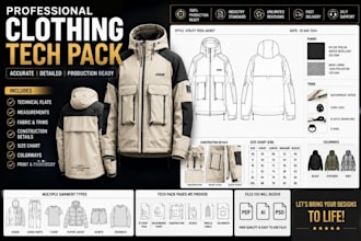 design streetwear tech pack hoodie tech pack clothing flat sketch fashion mockup