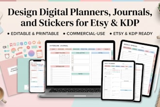 design digital planners, journals, and stickers for etsy and KDP