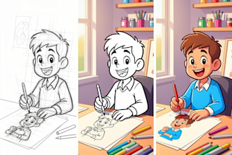 sketch, line art and color cartoon illustration