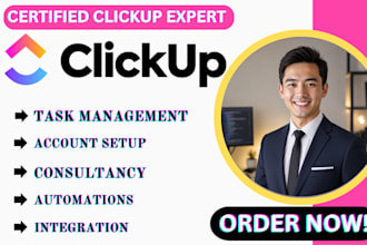 setup clickup automations, integration, workflows and be consultant on clickup