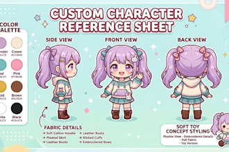 create custom plushie character and turnaround sheet for plush toy production