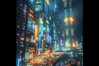design a futuristic cyberpunk city environment