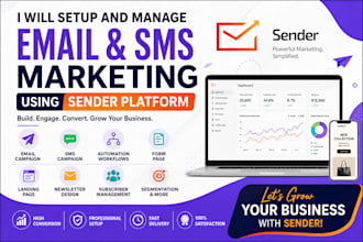 setup sms email marketing, landing page, automation, subscriber forms via sender