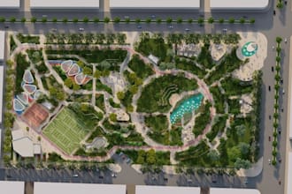 create modern recreational space, urban park development, public space rendering