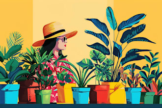illustrate you and plants, colorful, flat art, pop art
