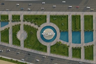 develop urban park masterplan,community recreational, aerial landscape rendering