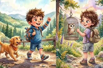 do whimsical watercolor children book, digital blends and cute digital animals
