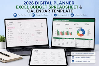 create a 2026 digital planner, excel budget spreadsheet and calendar template