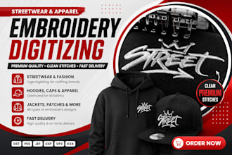 digitize your streetwear logo into embroidery file for hoodies and caps