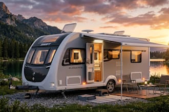 render 3d caravan, food trunk, motorhome, camper van, rv carbin home