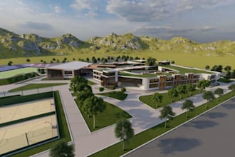 create 3d site masterplan,school campus visualization, sport complexes rendering