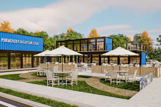 revamp 3d restaurant exterior,commercial cafe,stunning bar and lounge cgi render