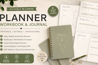 design printable canva planner, weekly or monthly planner, workbook, journal