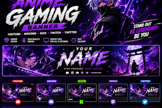 design an ultimate anime gaming banner for youtube discord, kick twitch twitter