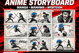 draw storyboard panels for anime manga manhwa webtoon with dynamic fight scenes