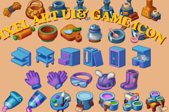 design pixel art UI icons and game interface elements and retro game design