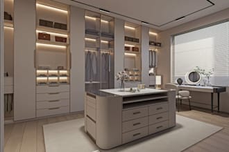 design 3d walk in closet, space planning, wardrobe design, furniture layout