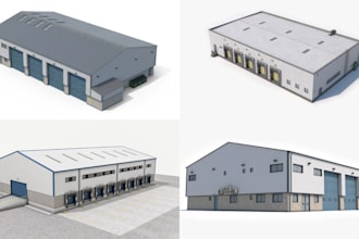 create and render 3d interior and exterior of warehouse and factory