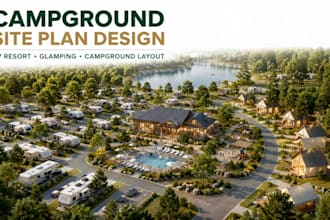 design rv park resort, campground site plan, agricamper and glamping layout