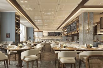 upscale 3d elevated dining hall,eatery space,cafe bar render,restaurant interior
