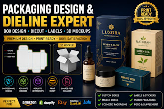 create packaging dieline, box packaging design, diecut, label and 3d mockup