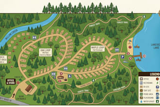 design 2d 3d custom vector rv park map, resort map, campground or site map