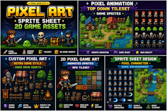 create pixel art animation, top down tileset, sprite sheet, 2d game assets pack