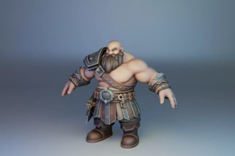 style lowpoly model, fantasy warrior, chibi art, a pose render, bald dwarf model