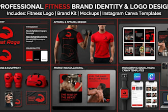 design fitness logo, brand identity, brand kit and instagram canva templates