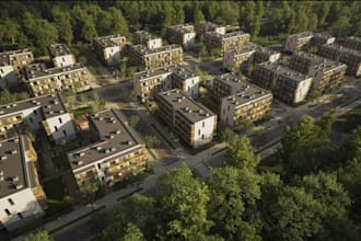 cgi render for community housing,3d estate masterplan,playground,exterior design