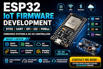 develop esp32 iot firmware with rtos, pmbus, uart, spi and i2c integration