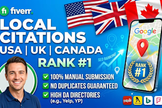 do 300 manual high da USA, UK, and canadian local citations for SEO