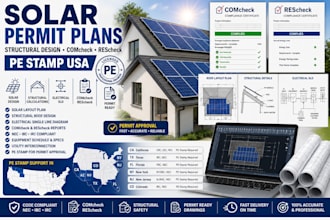 create solar permit plans, structural design, comcheck rescheck with pe stamp US