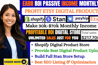 setup 80k ROI shopify or etsy digital product etsy pod, stan store setup, payhip