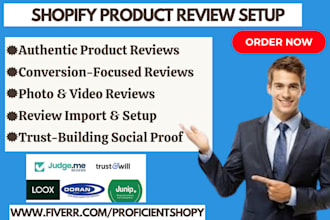 setup shopify product live reviews audit judgeme loox ag junip website design