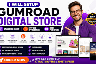 setup gumroad digital store sales page  book promotion etsy seo optimization