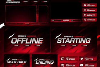 design animated twitch overlay alert, panels and stream graphics