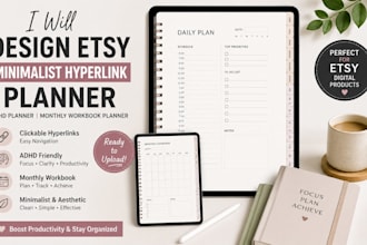 design etsy minimalist hyperlink planner, adhd planner, monthly workbook planner