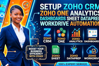setup zoho CRM zoho one analytics dashboards sheet dataprep workdrive automation