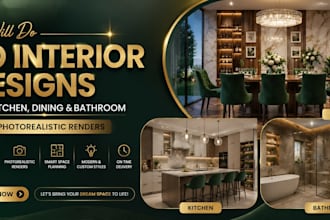 create 3d interior designs for kitchen, dining and bathroom with photorealistic