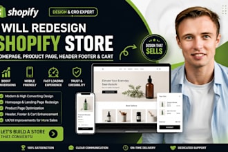 redesign shopify homepage landing page, shopify header footer, product cart