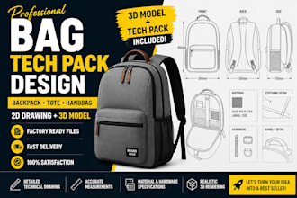 design custom bag tech pack, backpack, tote bag, 3d model and technical drawing