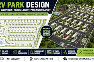 design 2d and 3d rv park layout, lot subdivision, parcel and parking site plan