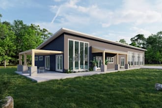 design 3d modern farmhouse, barndominium, rustic barn house rendering