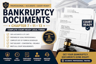 prepare full court bankruptcy documents, legal forms for chapter 7, 11 or 13