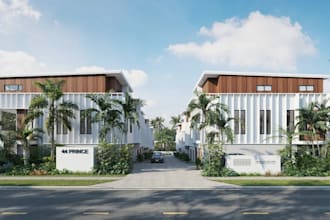build 3d townhouse exterior,multi apartment, urban streetscape, landscape render