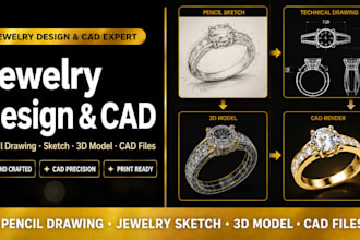 create jewelry pencil drawing, jewelry sketch and 3d jewelry model jewelry cad