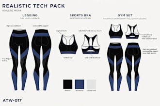 design activewear tech pack, gymwear clothing tech pack for production