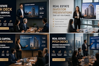 design real estate pitch deck, investor presentation and powerpoint slides