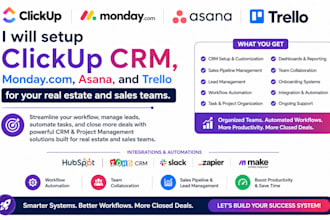 setup clickup CRM, monday, asana, trello for your real estate and sales teams